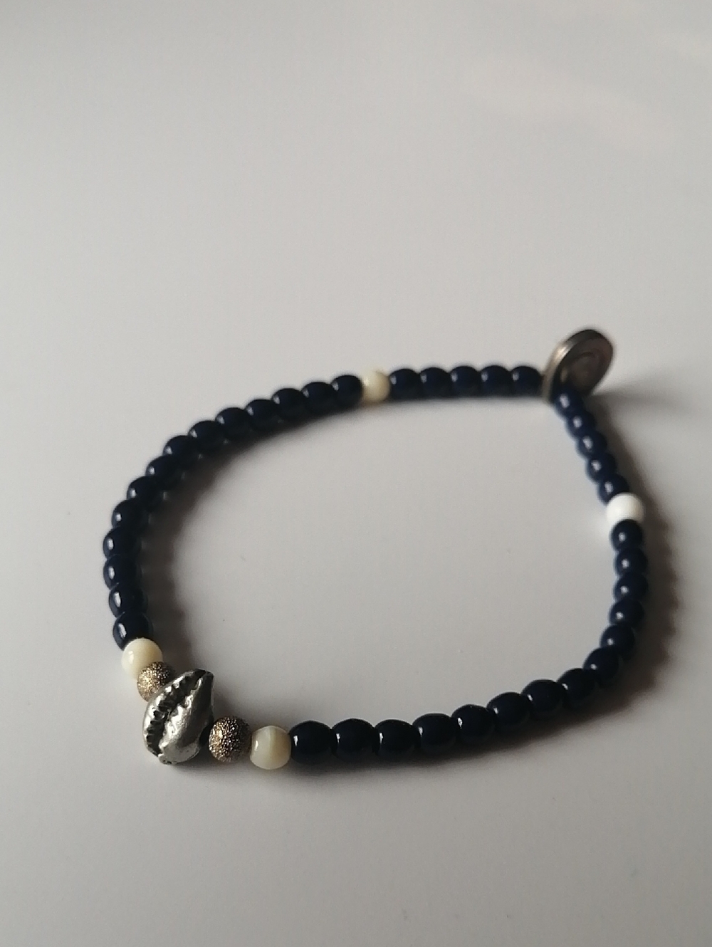 Dana Levy Cowrie Shell Silvertone Charm Czech Glass Bead Navy Colour Bracelet